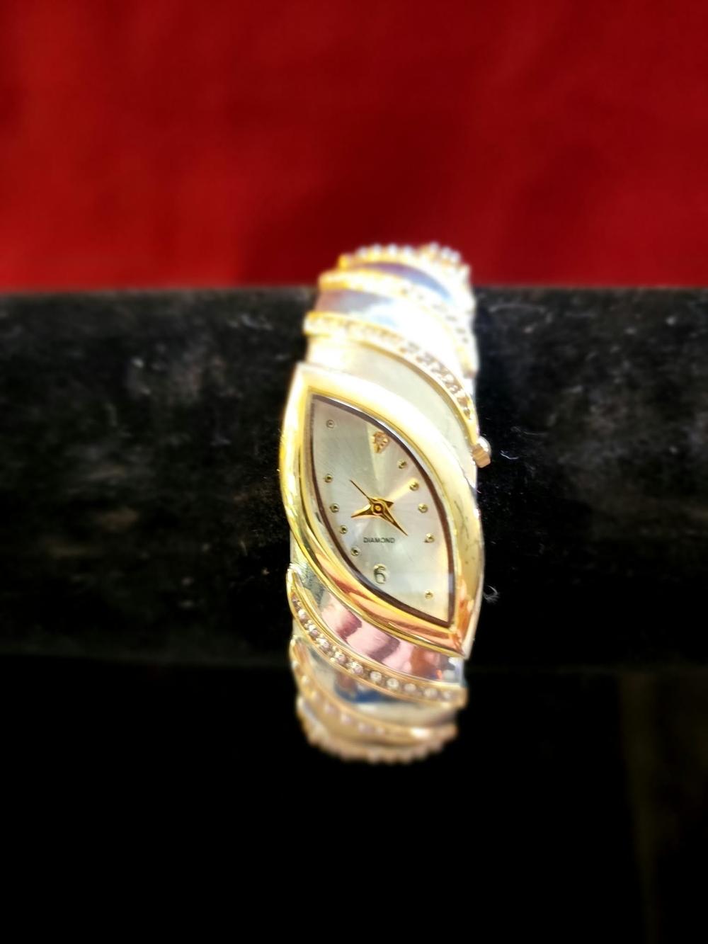 Vintage Two-Tone Crystal Cuff Bracelet Watch - Running New Battery